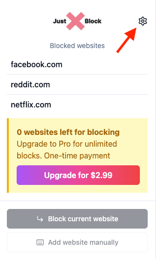 Settings with Upgrade button