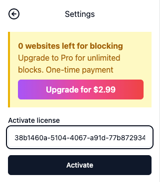 Settings with license key field